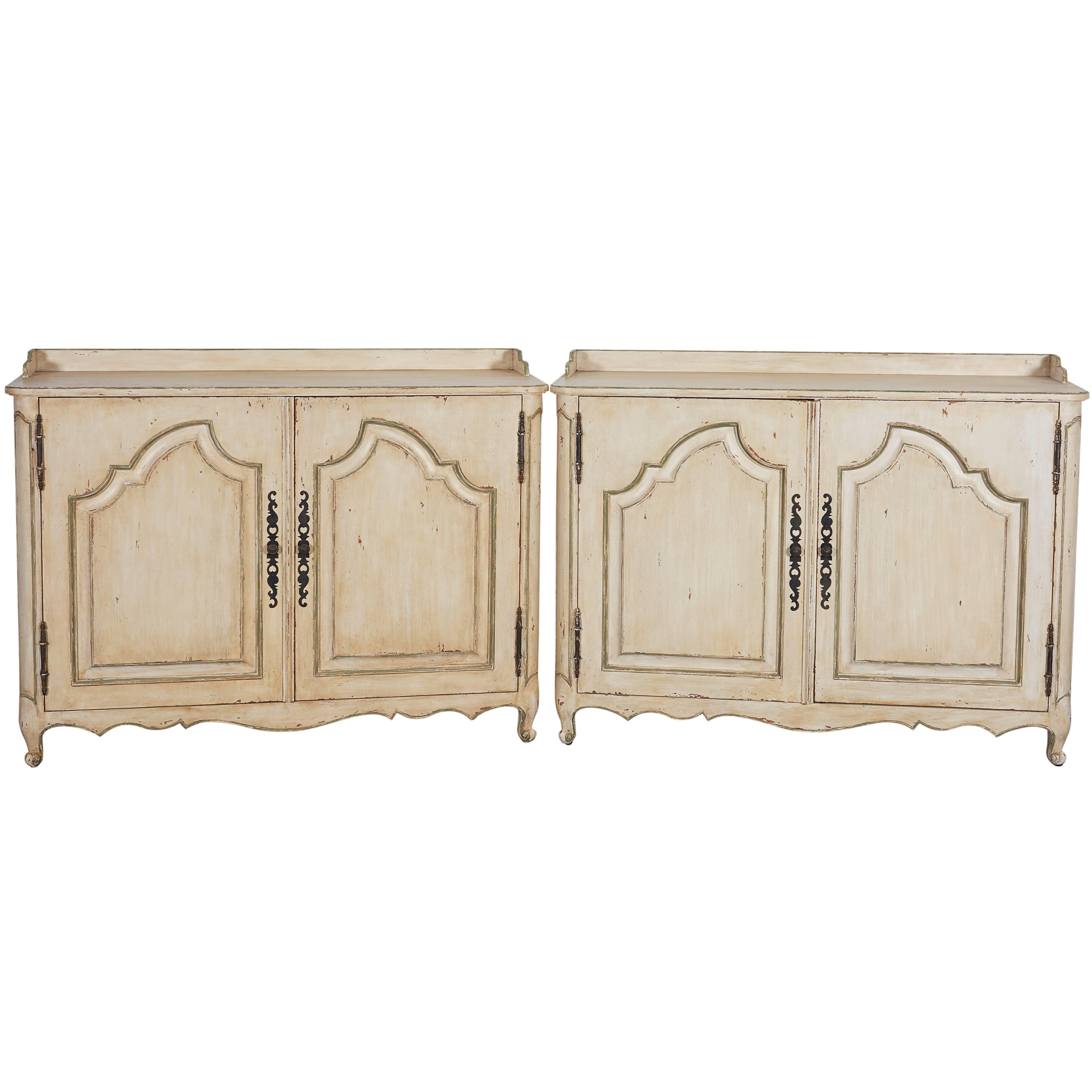 Pair of David Easton White-Washed Cabinets with Green Trim