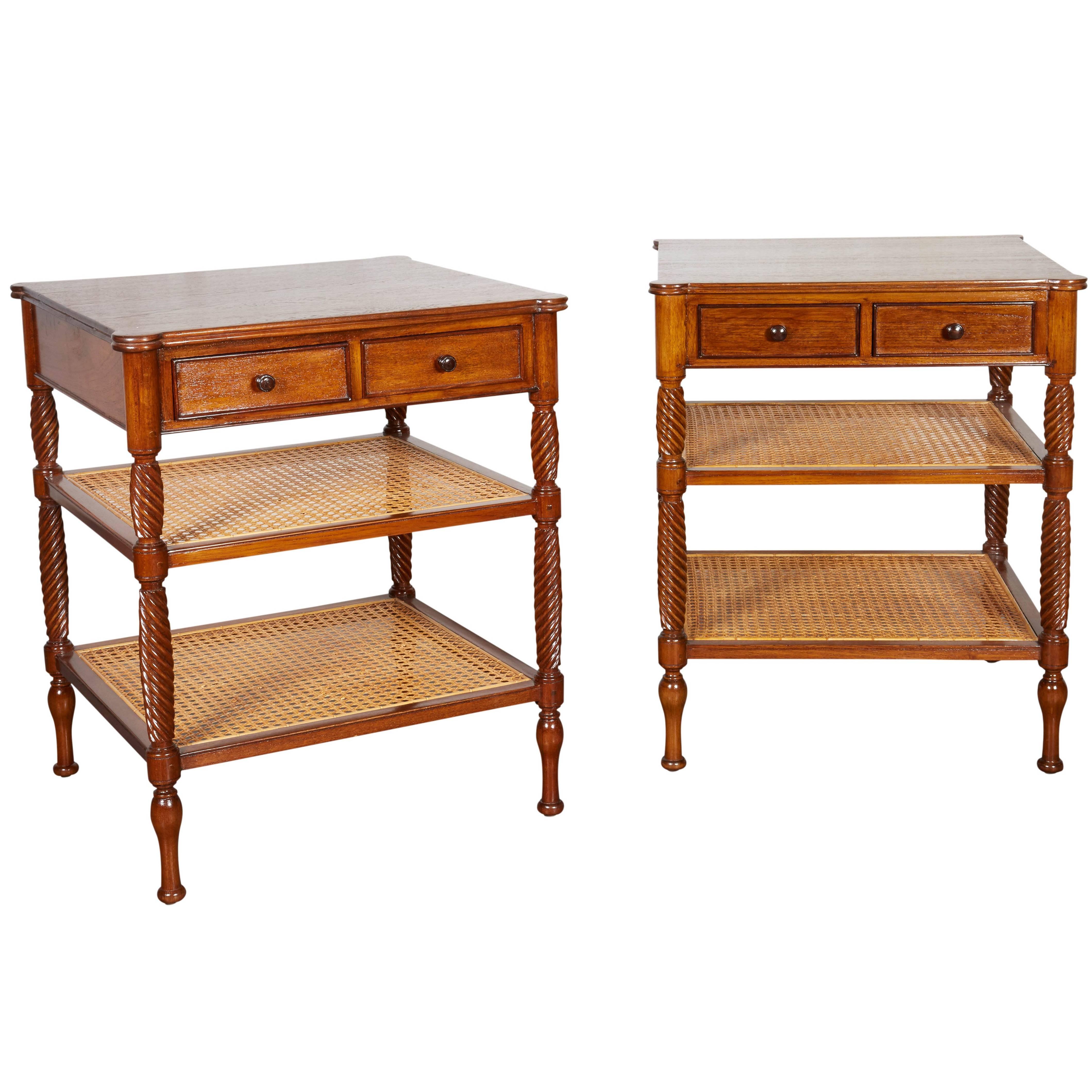 Pair of Teak and Caned Etagere Side Tables