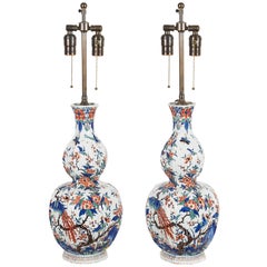 Pair of 18th Century Delft Polychrome Double Gourd Ribbed Vases Mounted as Lamps
