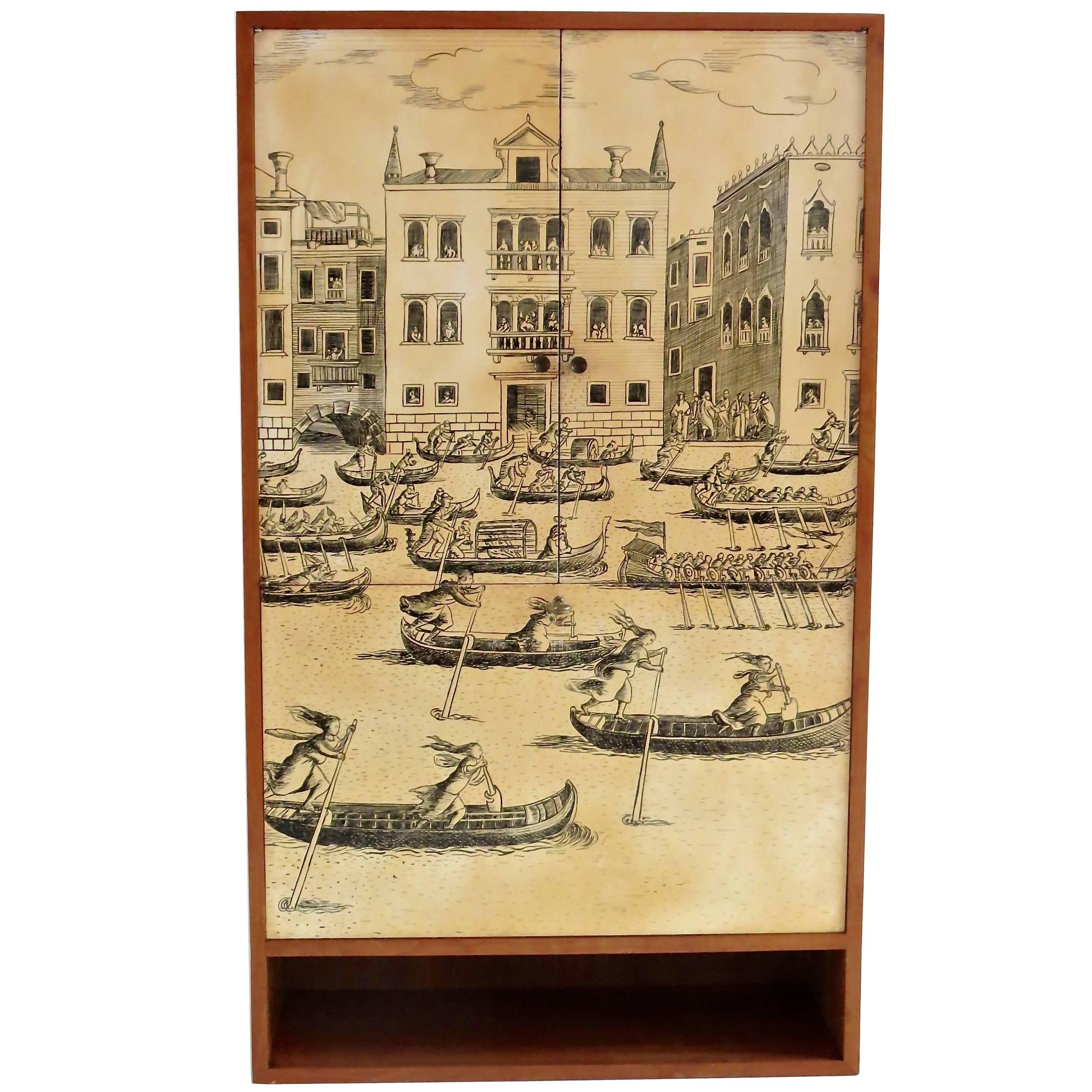 Hanging Fornasetti Style Litographic Printed Wood  Cabinet desk " Venezia", 1950