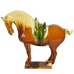 Chinese Glazed San Cai Pottery Horse, Gloss Caramel