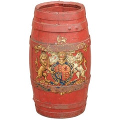 Antique English Red Painted Wooden Barrel with Iron Straps and Royal Coat of Arms
