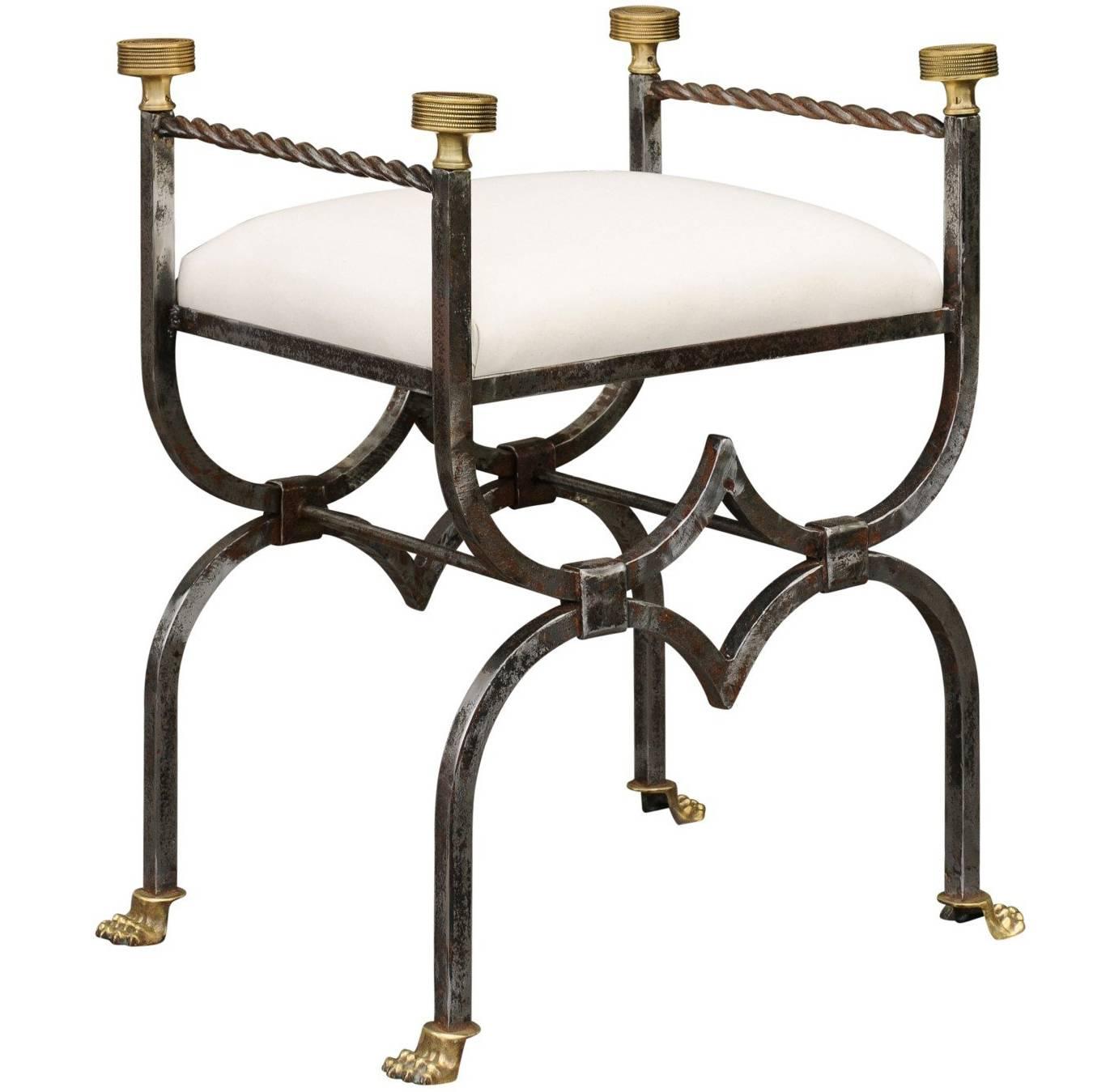 English 1900s Steel and Brass Upholstered Curule Stool with Lion Paw Feet For Sale