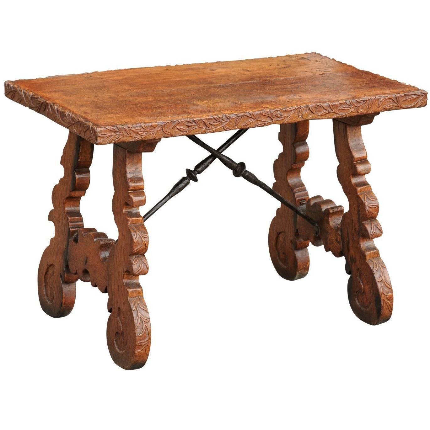 French 1920s Carved Oak Low Side Table with Iron Stretcher and Lyre-Shaped Legs