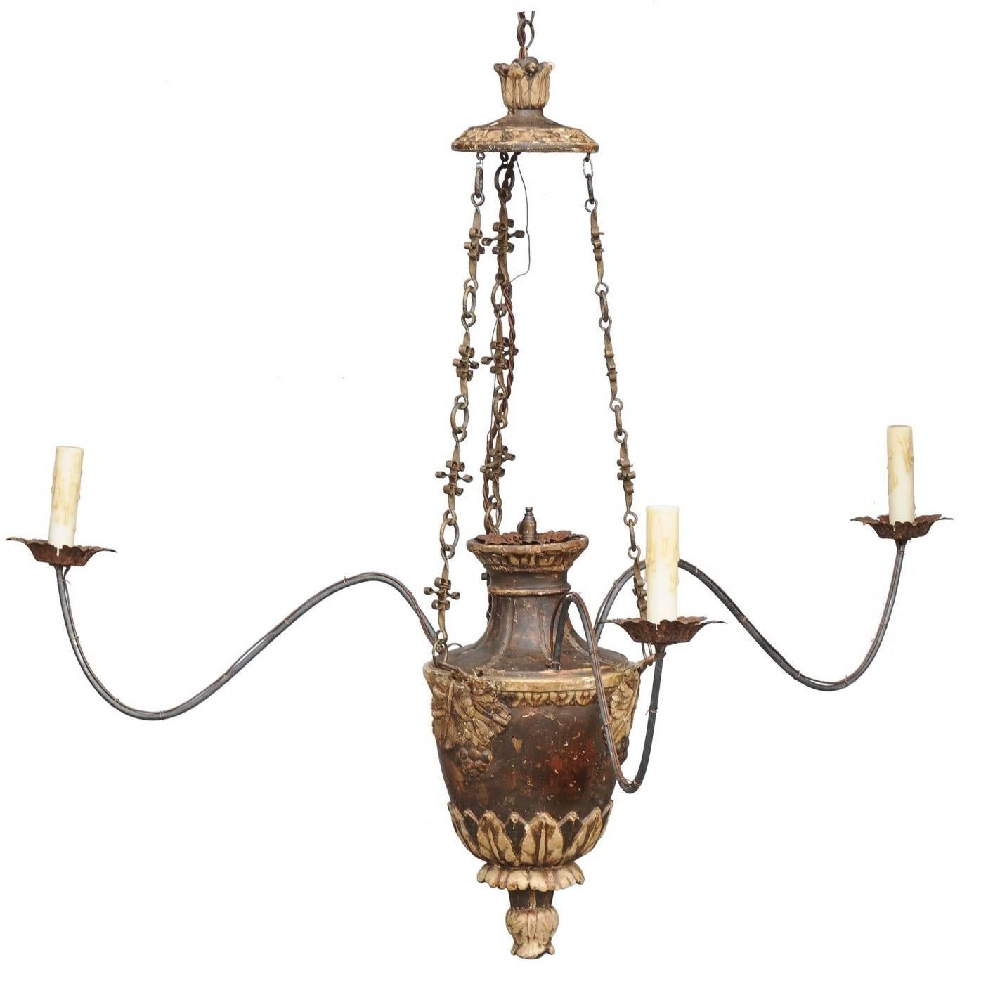 Italian Carved Wood Three-Light Chandelier with Swoop Arms, circa 1850
