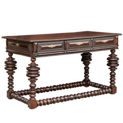 1880s Portuguese Teak Library Table with Bobbin Leg Support and Three-Drawers
