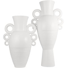 Decorative White Circled Handles Vase, France, Contemporary