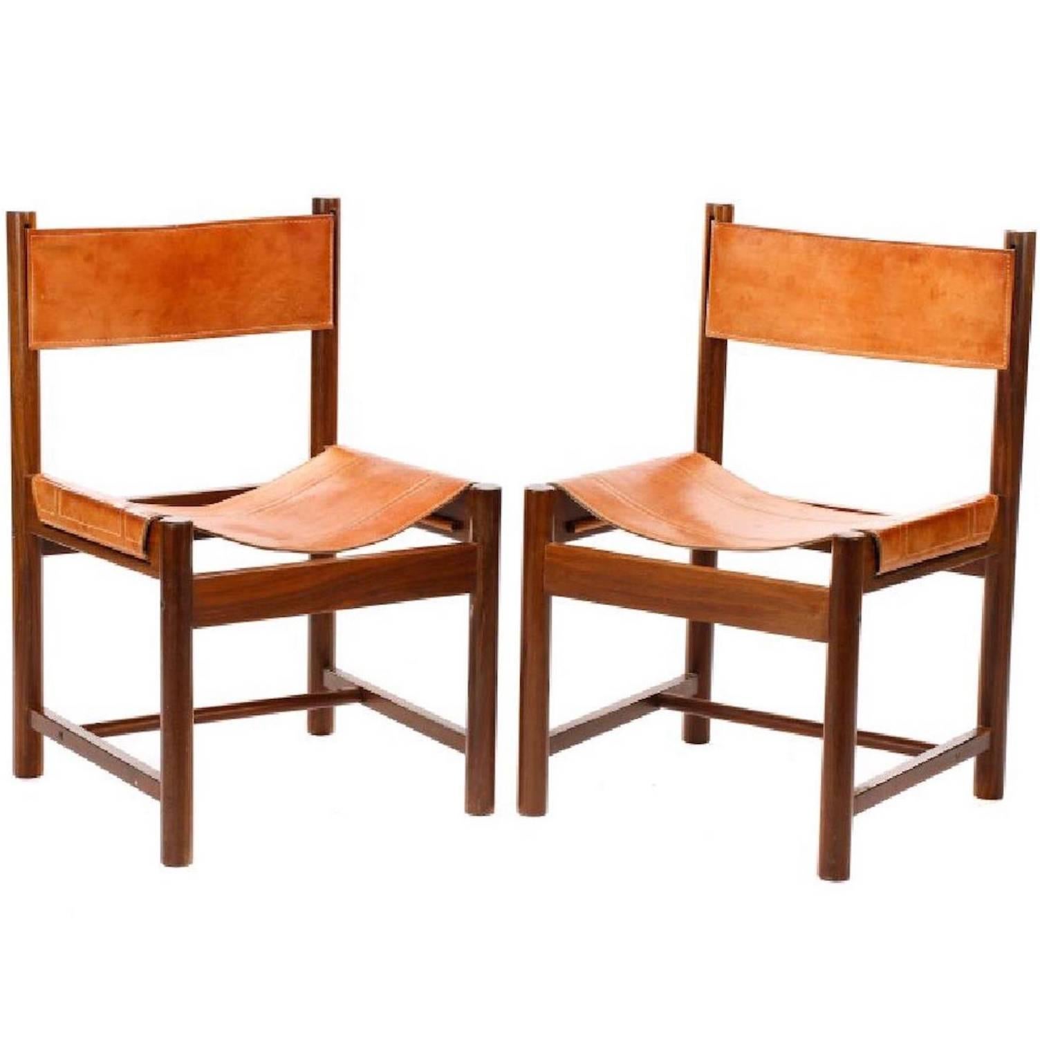 Pair of Michel Arnoult Wood and Leather Chairs For Sale