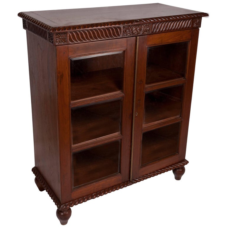British Colonial Mahogany Petite Bookcase with Glass Door Panels, Early