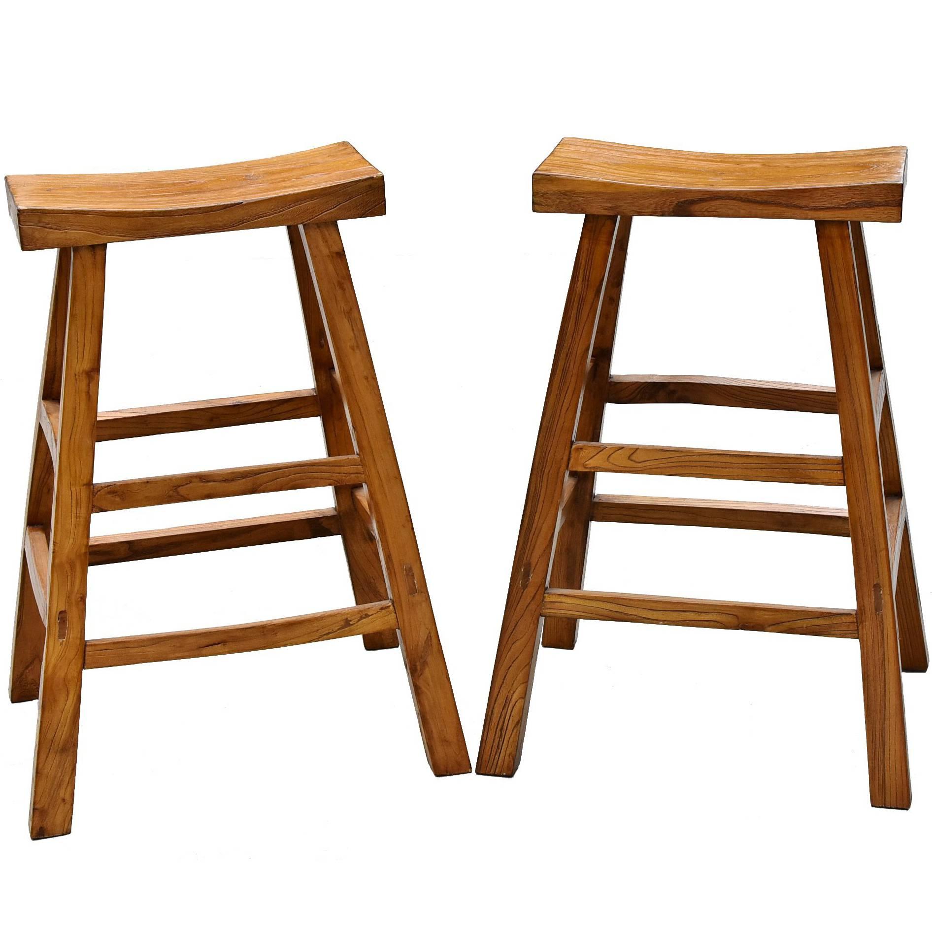 Pair of Asian Solid Elm Wood Bar Stools