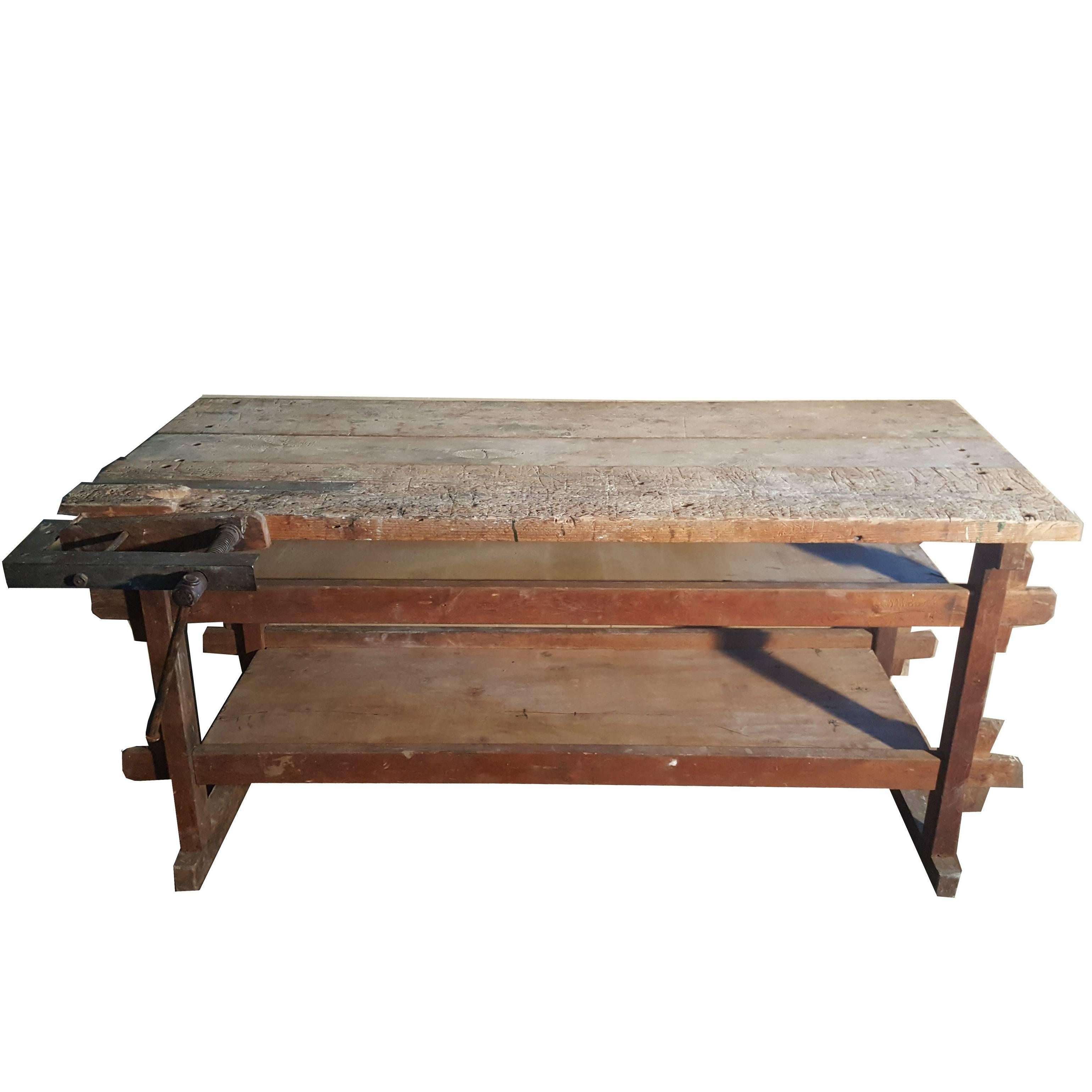 Vintage Industrial Wooden Work Bench or Carpenters Table, Early 20th Century For Sale
