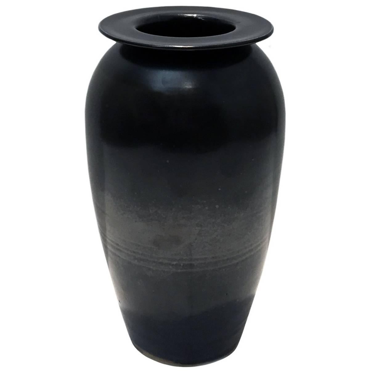 Black Leather Glaze Ceramic Urn Vase by Sandi Fellman