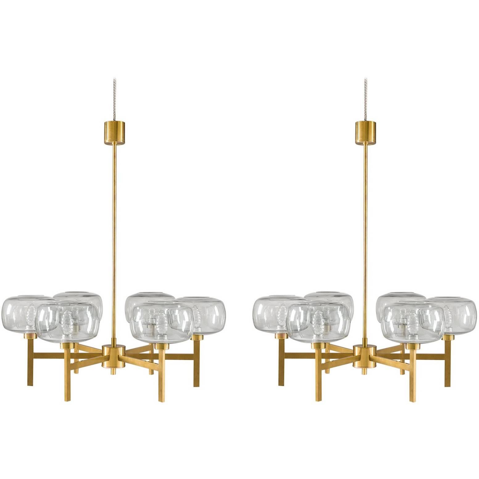Large Swedish Chandelier in Brass and Glass by Holger Johansson