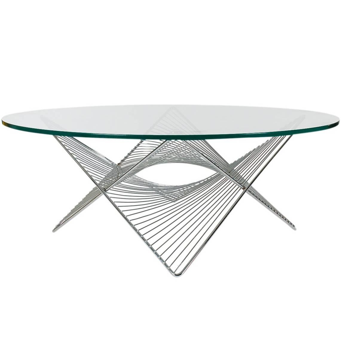 Mid-Century Modern Sculptural Geometric Chrome and Glass Round Cocktail Table