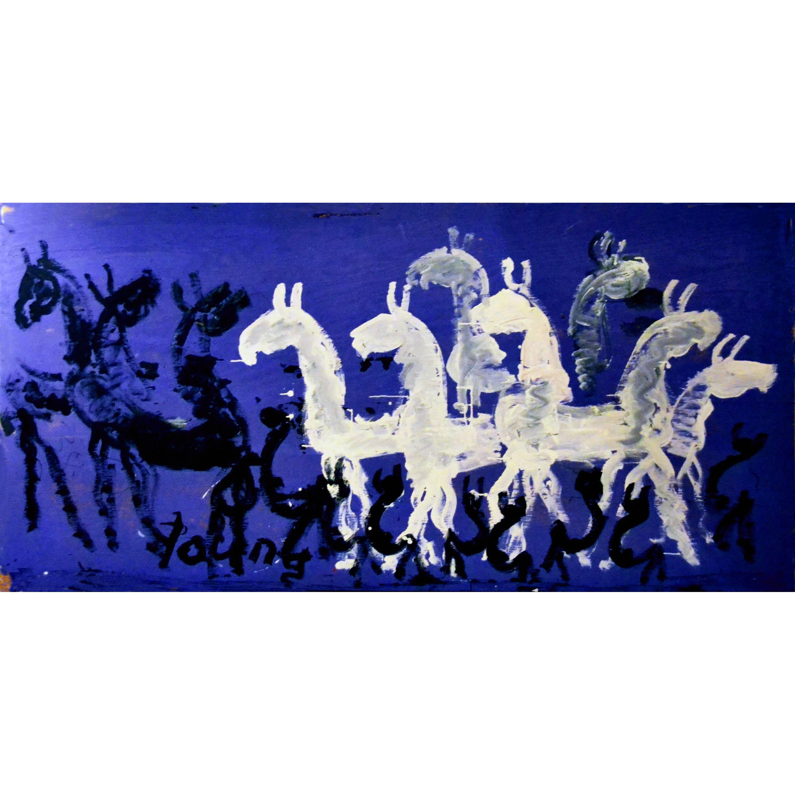 Large Impressive Abstract Painting of Horses on Blue by Purvis Young For Sale