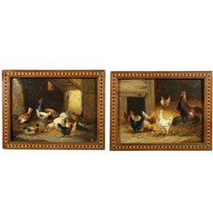 Pair of Small European Oil on Panel Paintings of Chickens