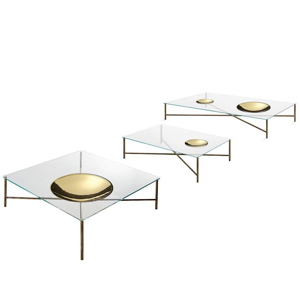 Gallotti & Radice Golden Moon Coffee Table in Clear or Painted Glass and Brass For Sale