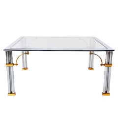 Hollywood Regency Brass, Chrome and Glass Square Cocktail Table, Maison Jansen