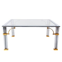 Table basse carrée Hollywood Regency en laiton, chrome et verre, Maison Jansen