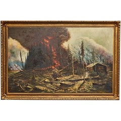 Enormous Forest Fire Painting in Original Gilt Frame, circa 1910s
