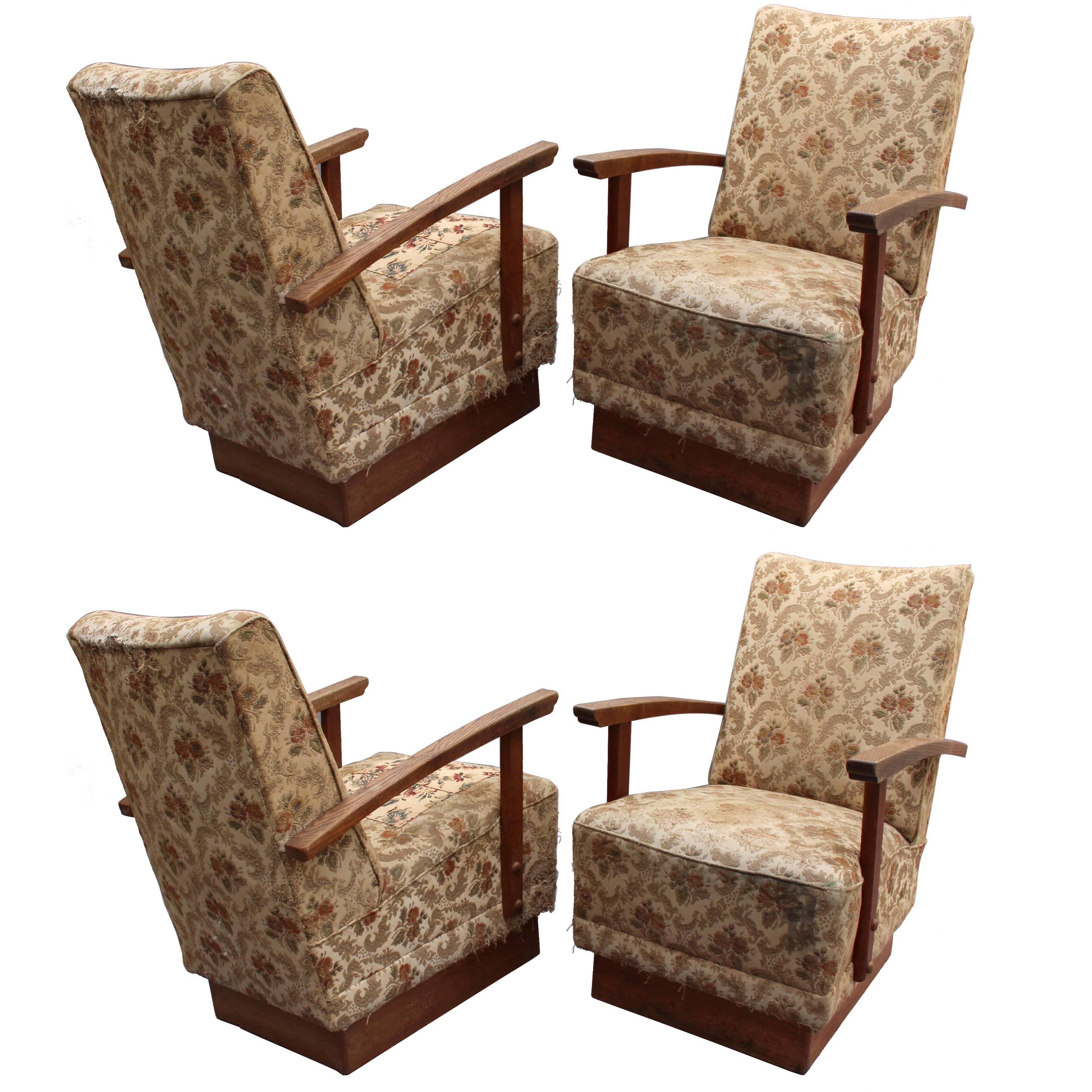 4 Fine French Art Deco Oak Pedestal Lounge Armchairs For Sale