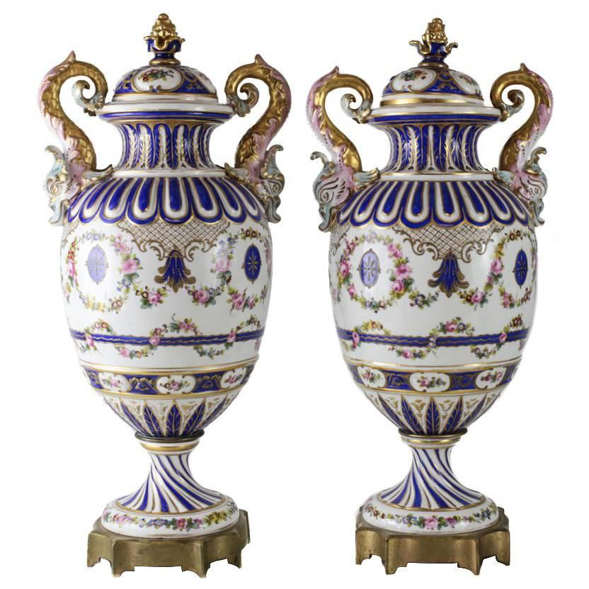 19th Century Pair of Sevres France Porcelain Hand-Painted Urns