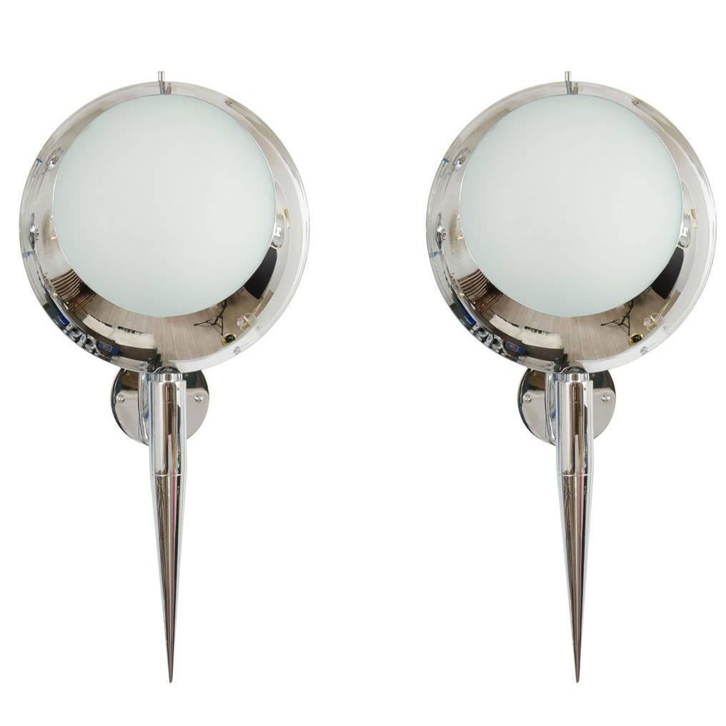 Pair of Chrome Circular Sconces with Frosted Glass Shades