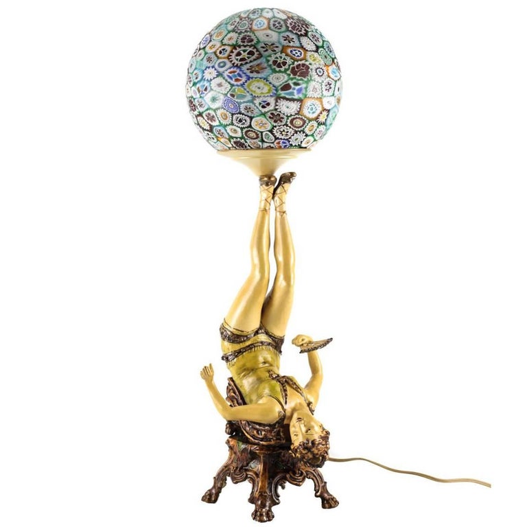 Art Deco Polychrome Figural Burlesque Dancer Lamp with Millefiori