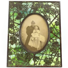 Vintage Tiffany Studios Grapevine Pattern Bronze and Green Slag Glass Picture Frame