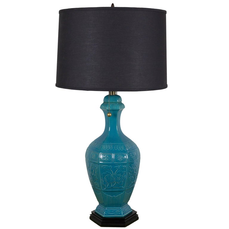 1940s Turquoise Ceramic Lamp with Asian Motif For Sale at 1stDibs