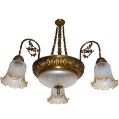 French Art Deco or Art Nouveau Bronze & Gold Metal Art Glass Hanging Chandelier