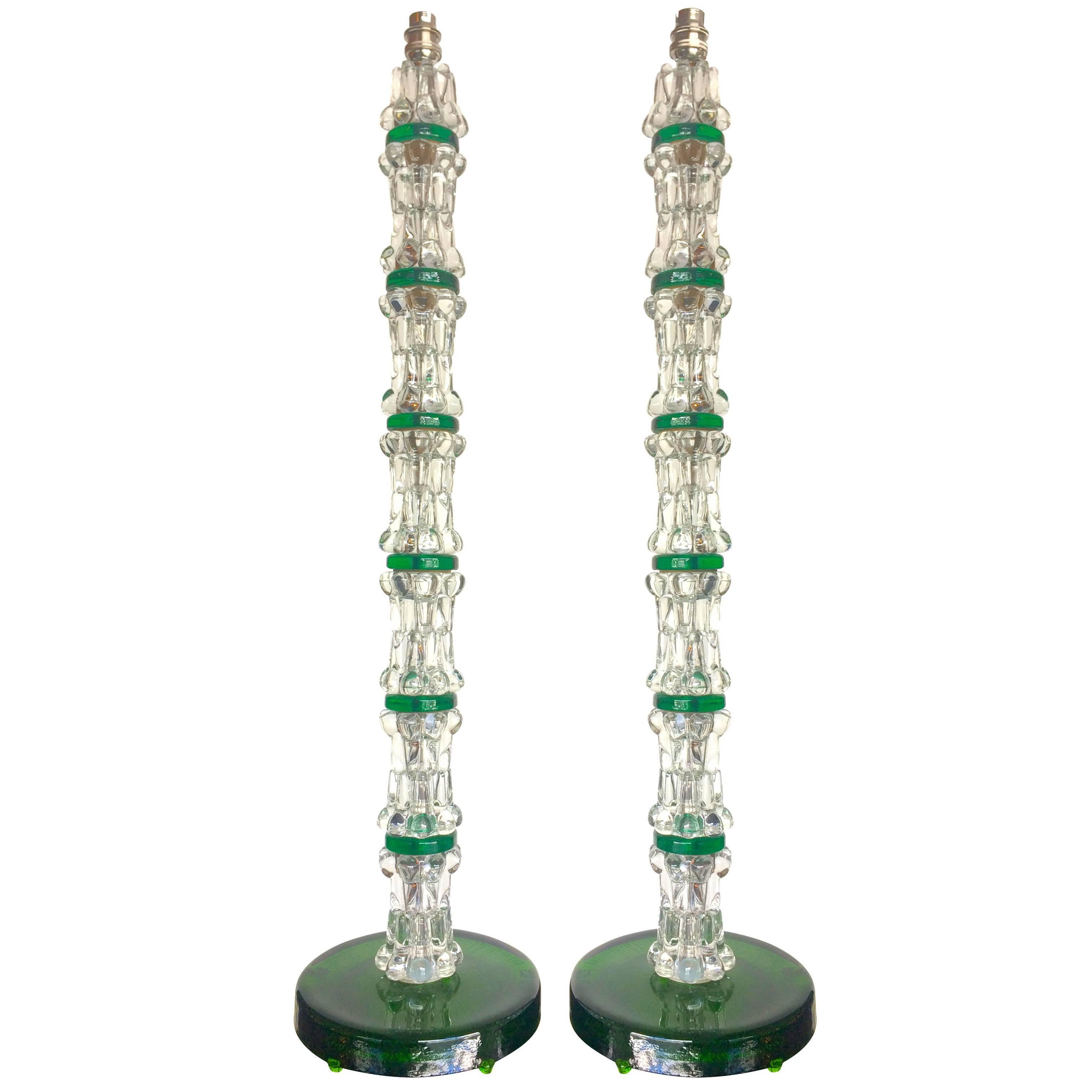 Large Pair of Green Orrefors Glass Lamps