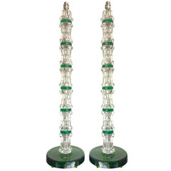 Large Pair of Green Orrefors Glass Lamps