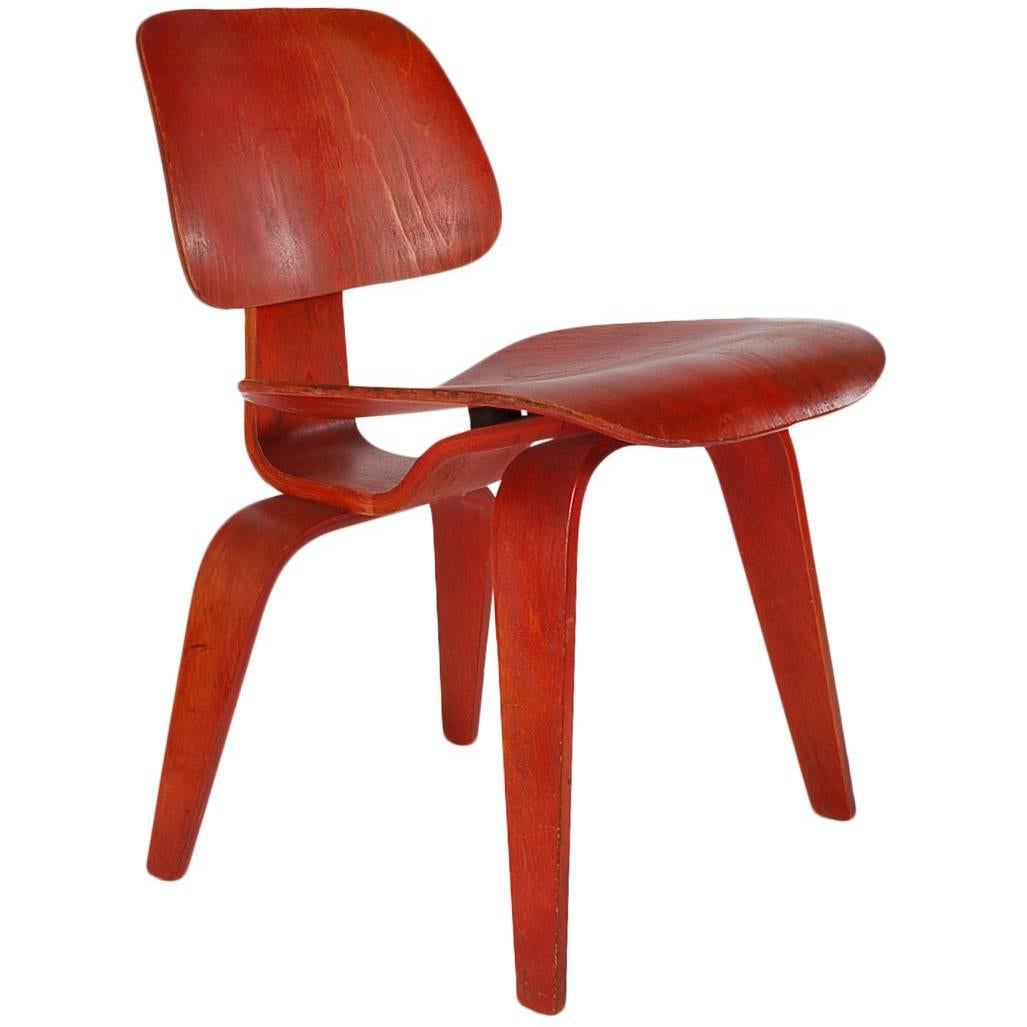 Eames for Herman Miller DCW Mid-Century Modern Red Aniline Plywood Side Chair