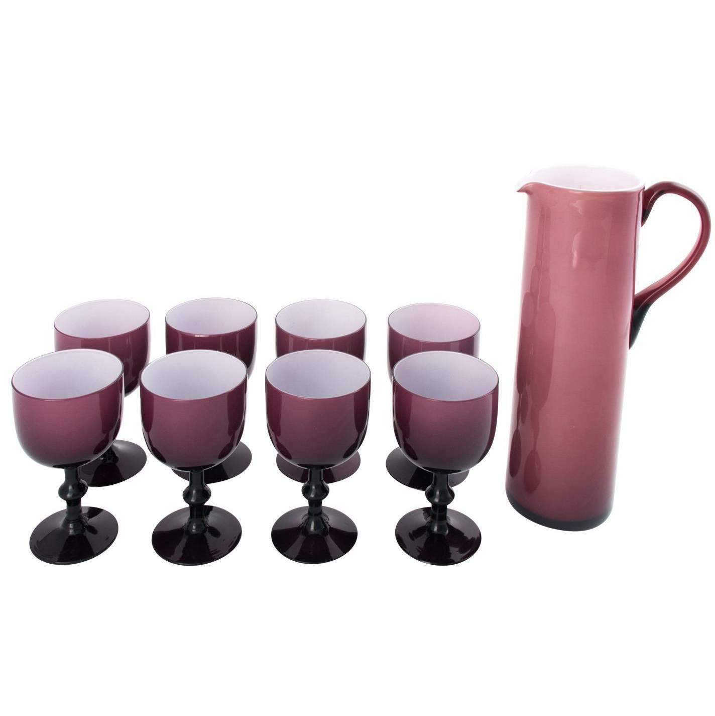 Set of Eight Purple Glass Wine Goblets with Pitcher For Sale