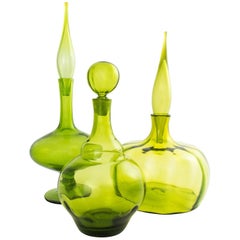Vintage Collection of Three Olive Green Blown Glass Decanters