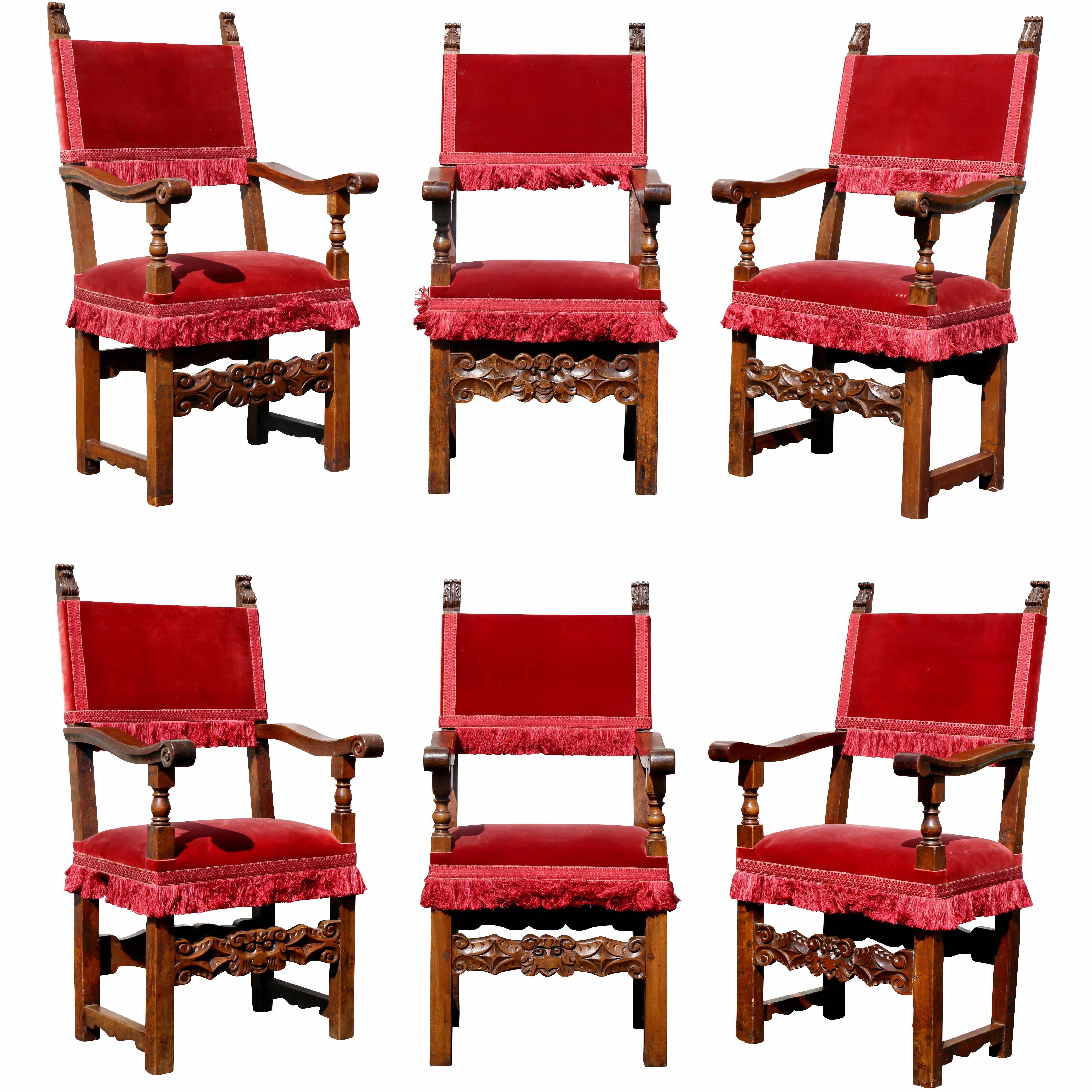 Assembled Set of Six Italian Baroque Walnut Dining Chairs