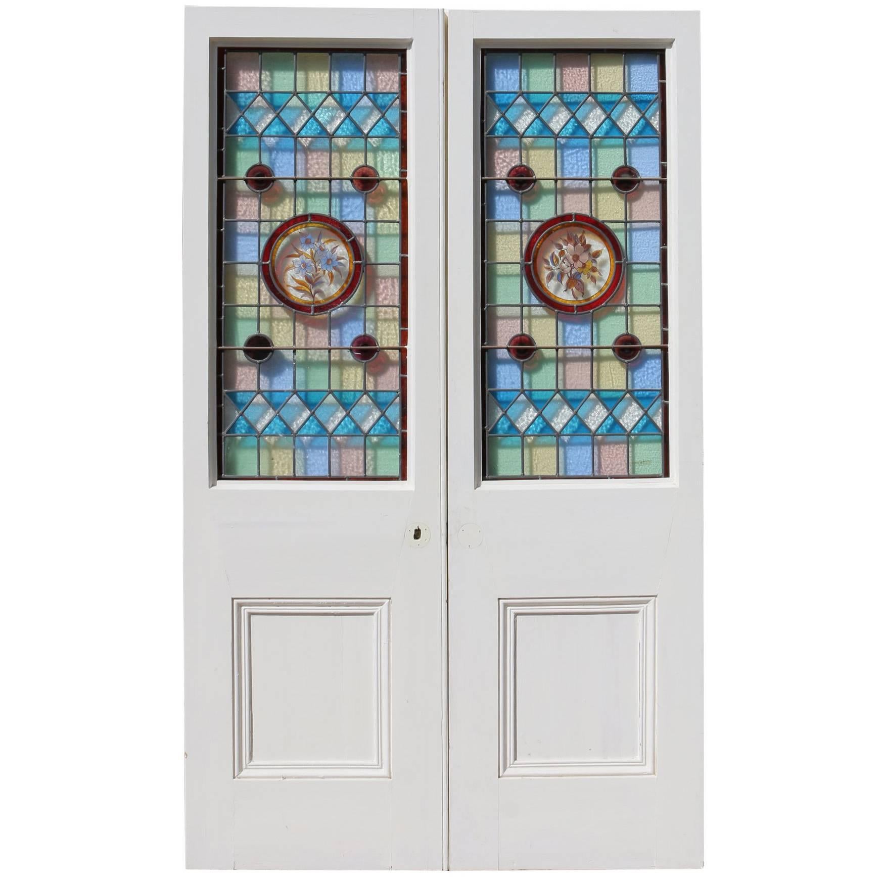 Pair of Victorian Painted Pine Stained Glass Doors