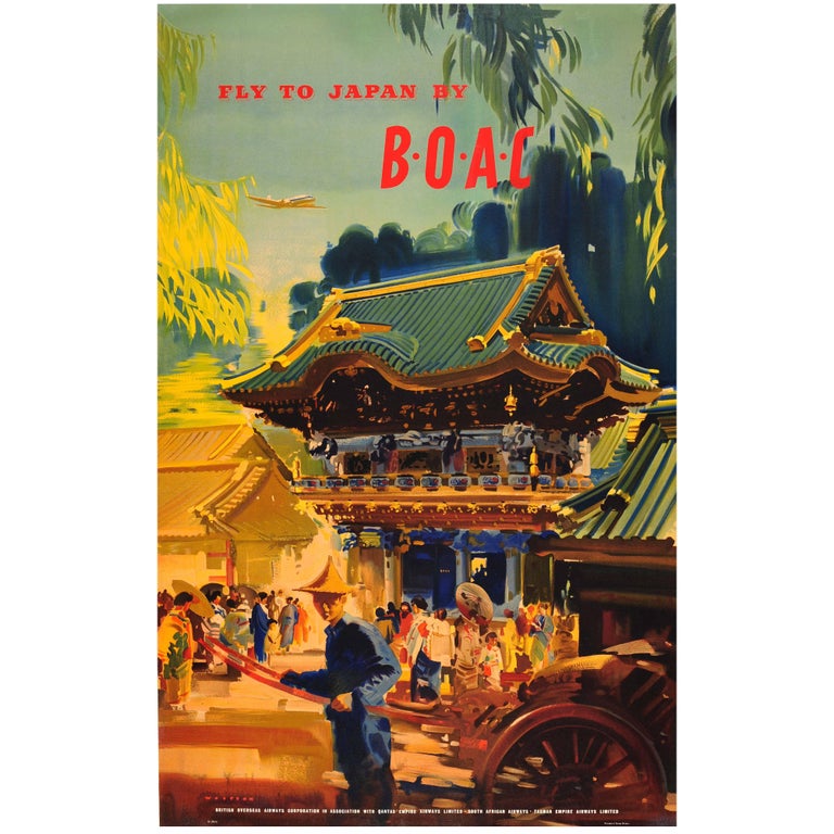 Original Vintage Travel Advertising Poster by Wootton - Fly to Japan by BOAC For Sale
