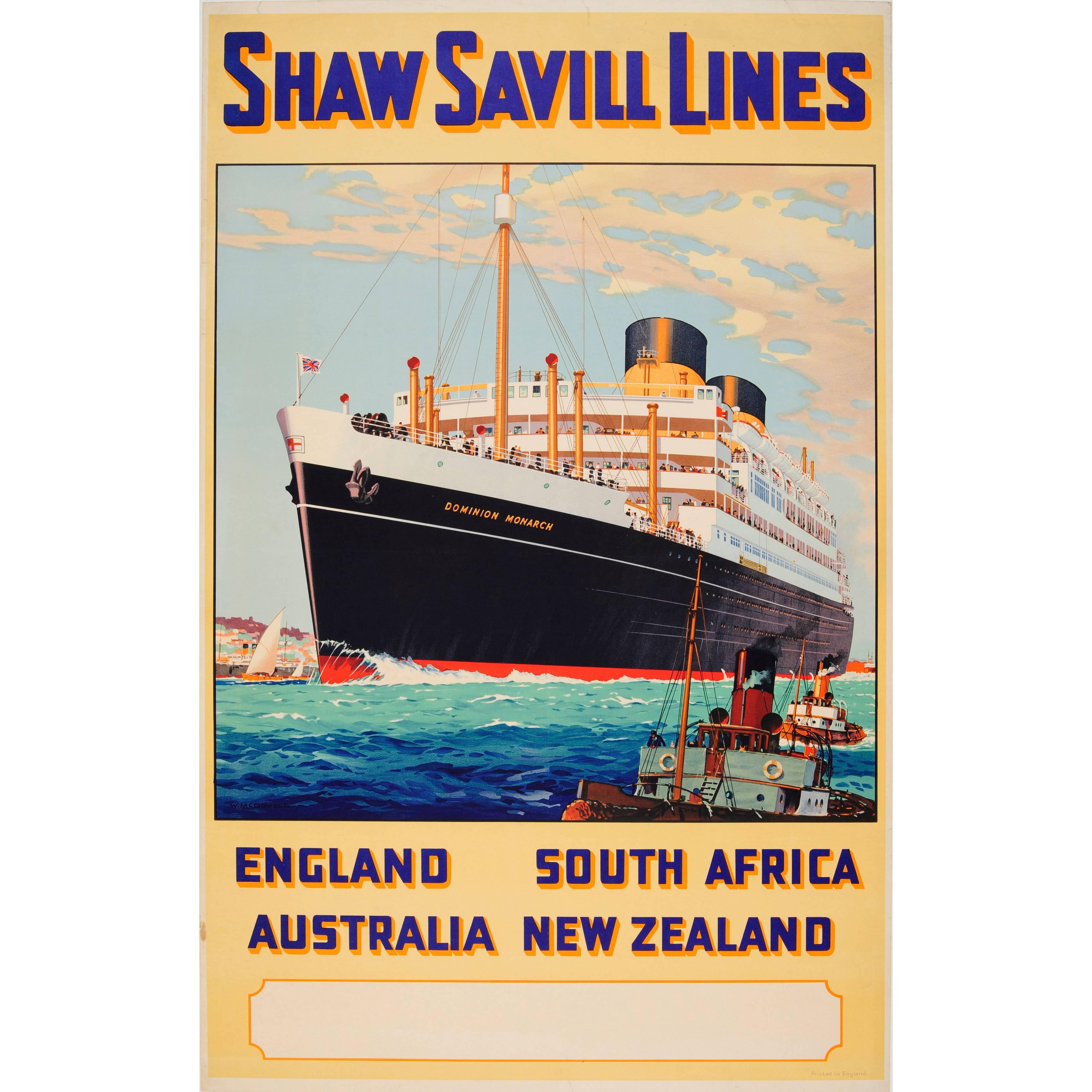 Original Shaw Savill Lines Poster for England South Africa Australia New Zealand
