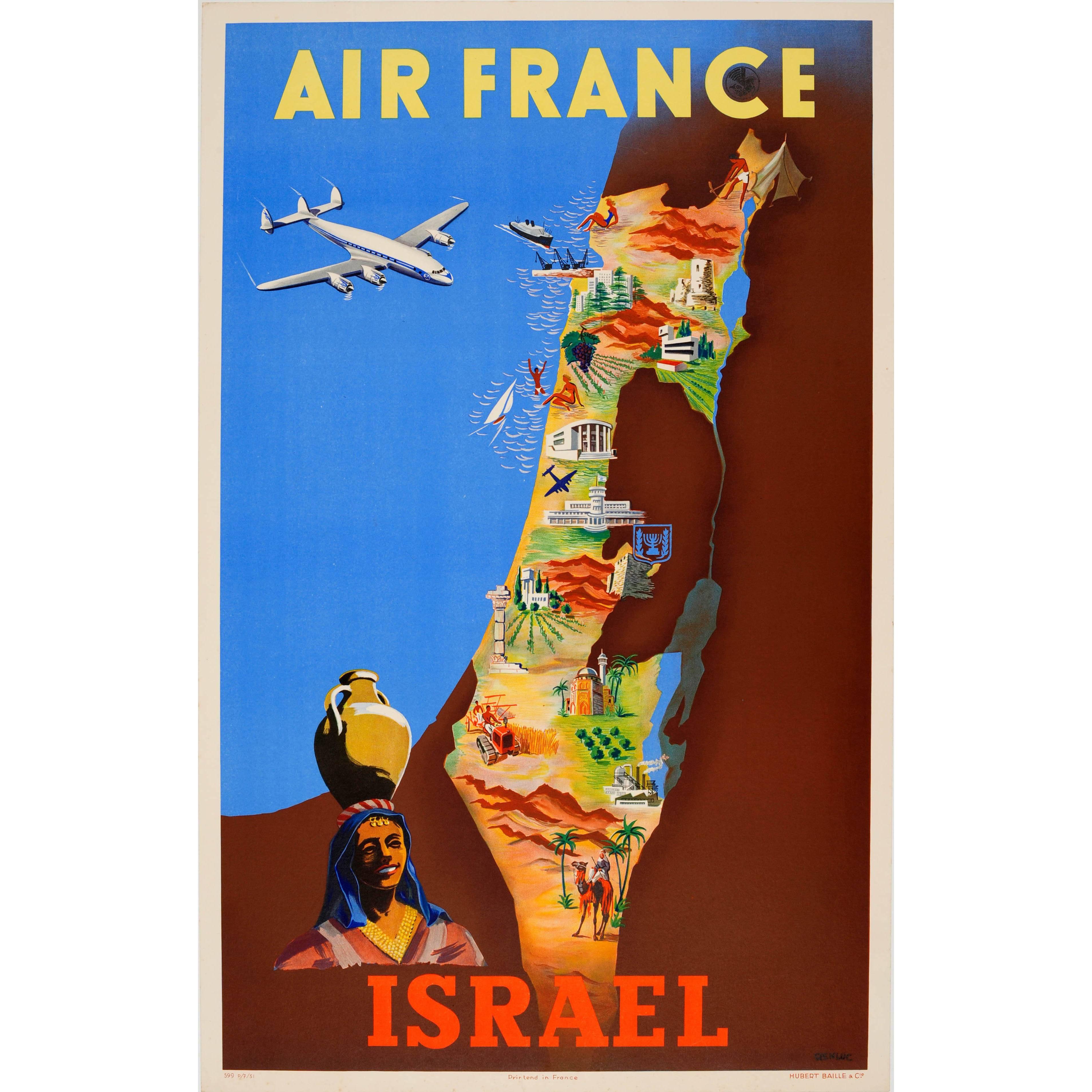 Original Vintage Colourful Travel Map Poster by Renluc for Air France Israel