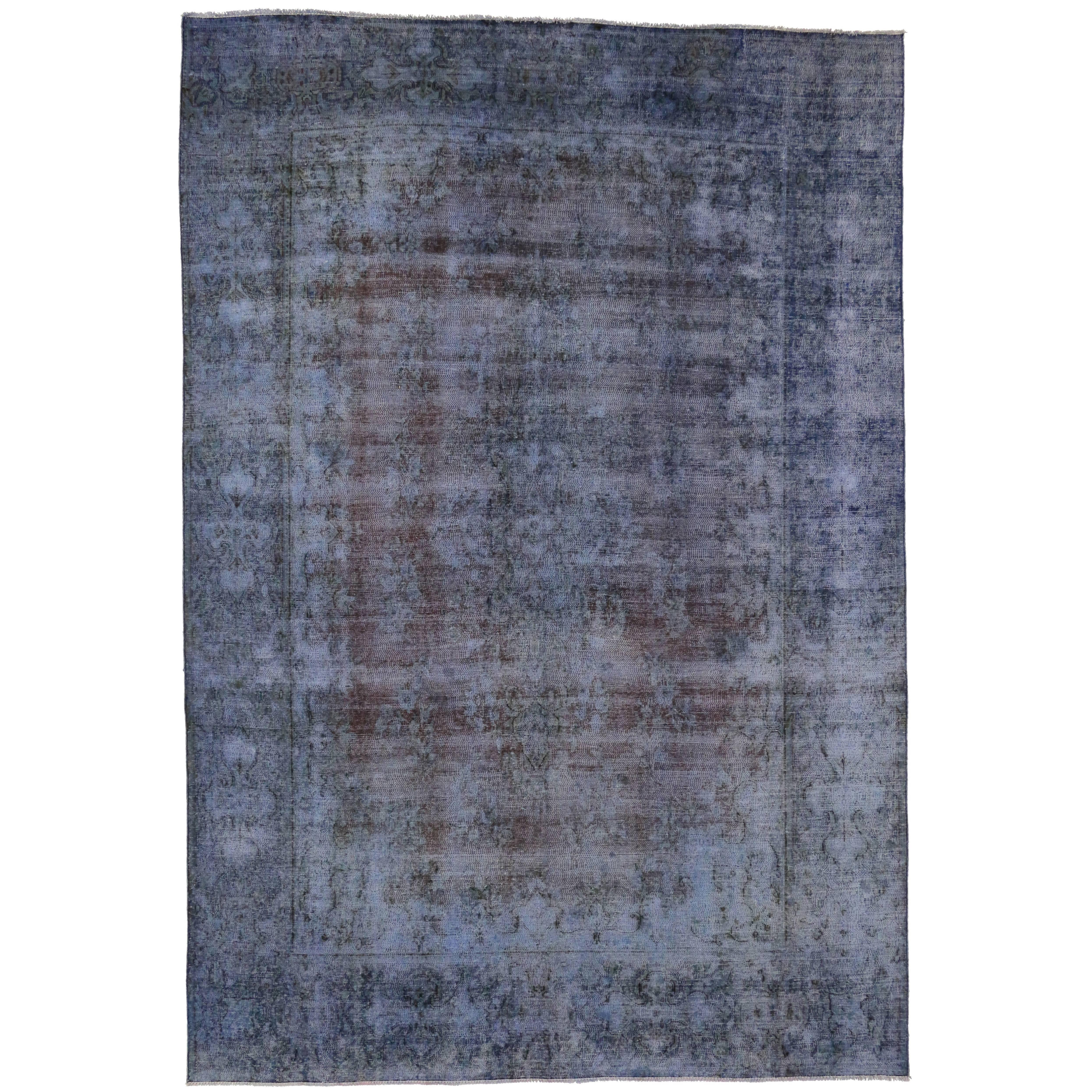 Distressed Vintage Persian Rug Overdyed with Modern Industrial Style
