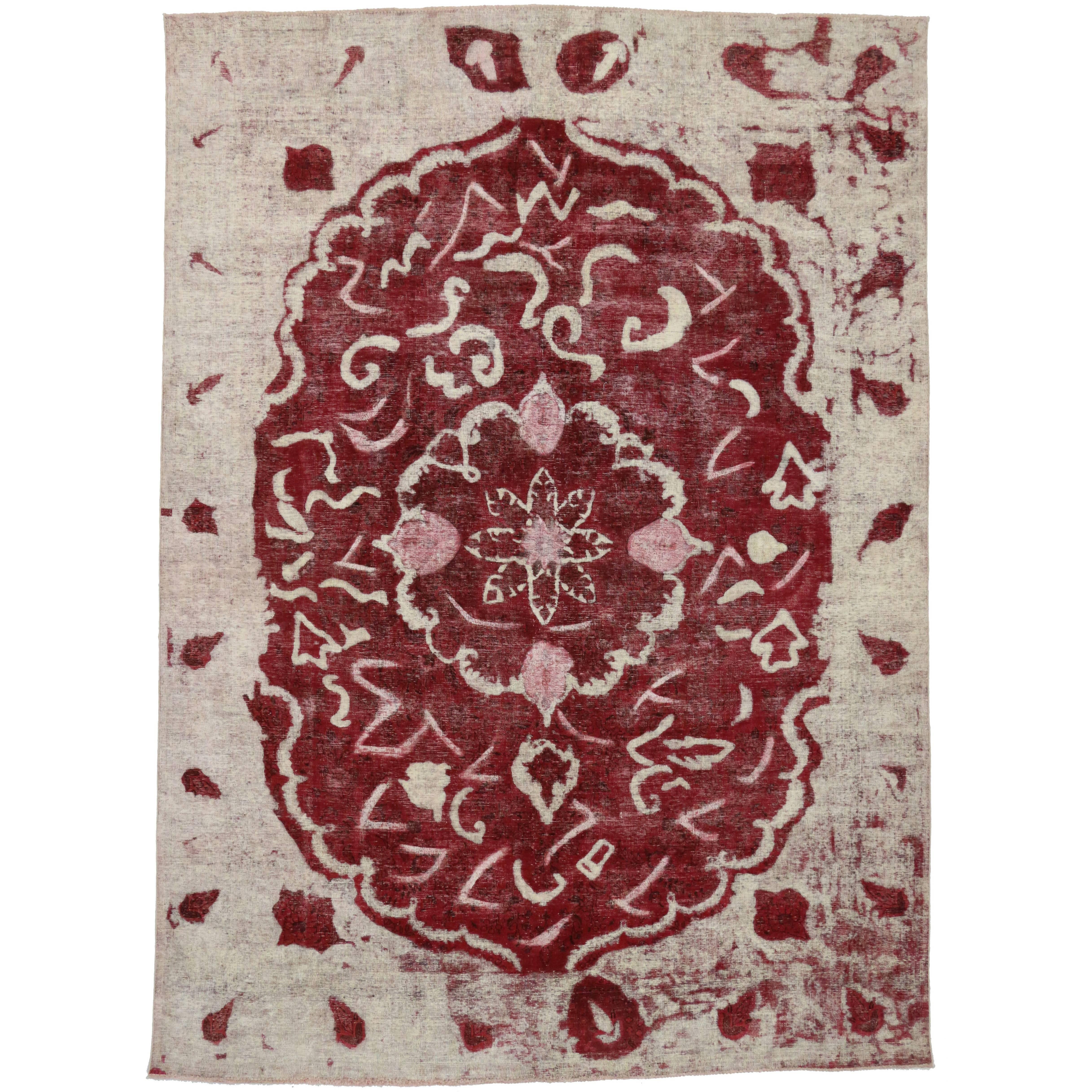Vintage Persian Red Overdyed Rug, Bucolic Romance Meets Rustic Charm For Sale