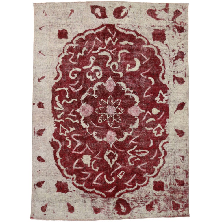 Distressed and Overdyed Farmhouse Feminine Area Rug with Shabby Chic Style For Sale at 1stDibs