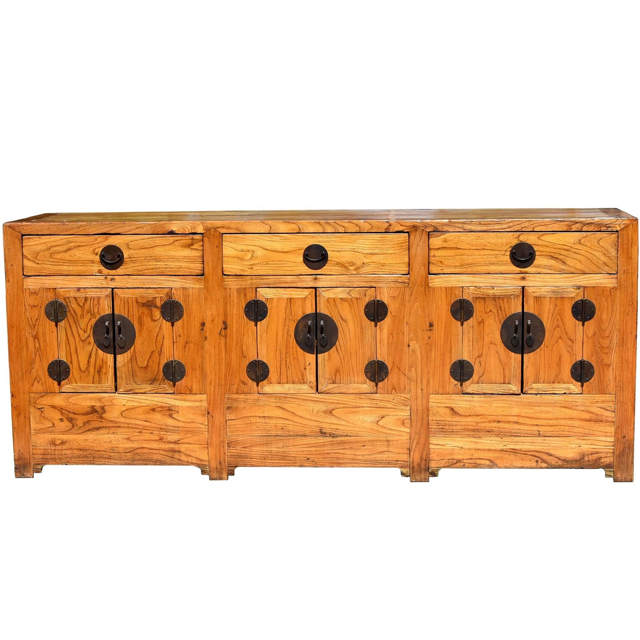 Antique Solid Elm Wood Sideboard, Natural Finish, Northern Chinese