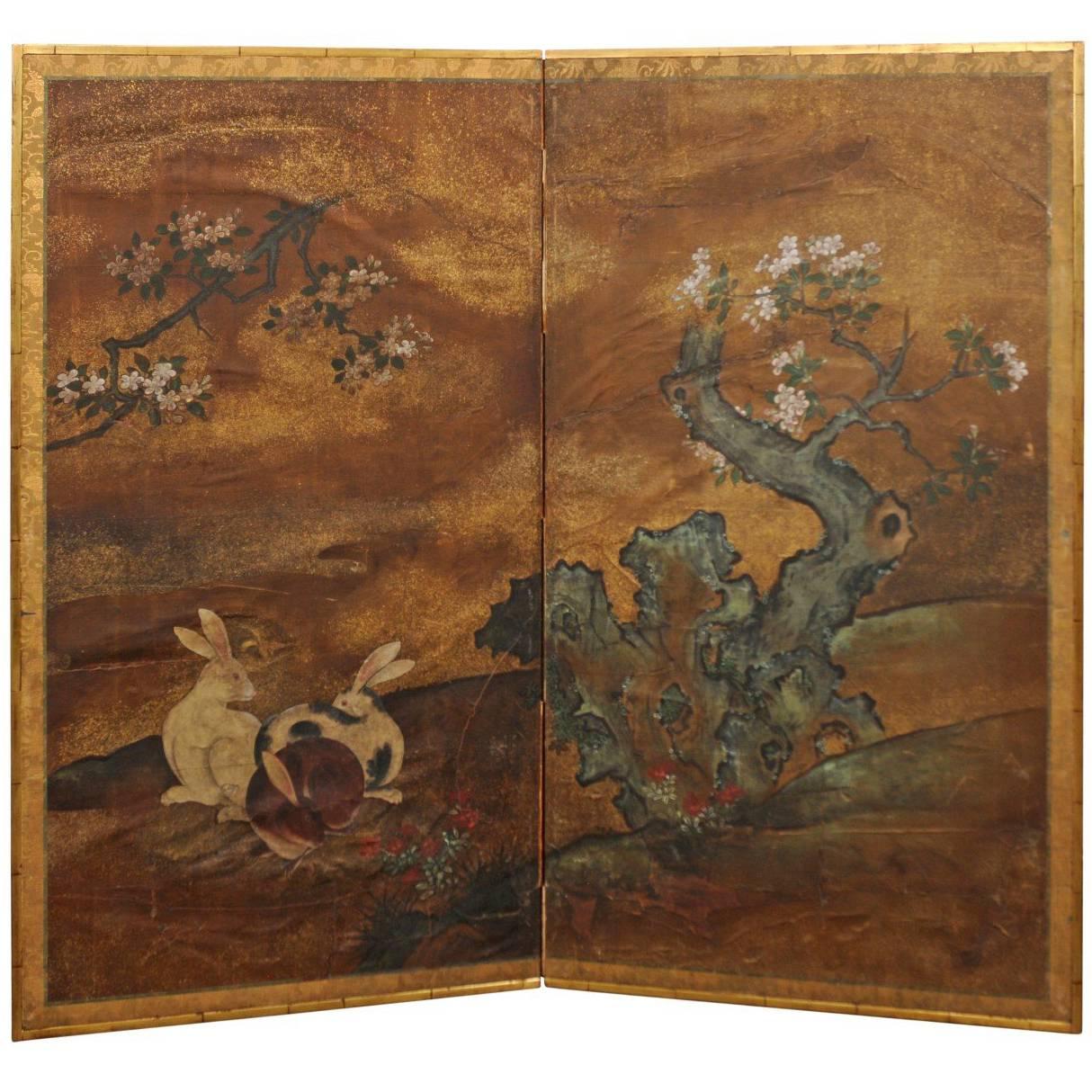 18th-19th Century Japanese Two-Panel Paper Screen with Rabbits For Sale
