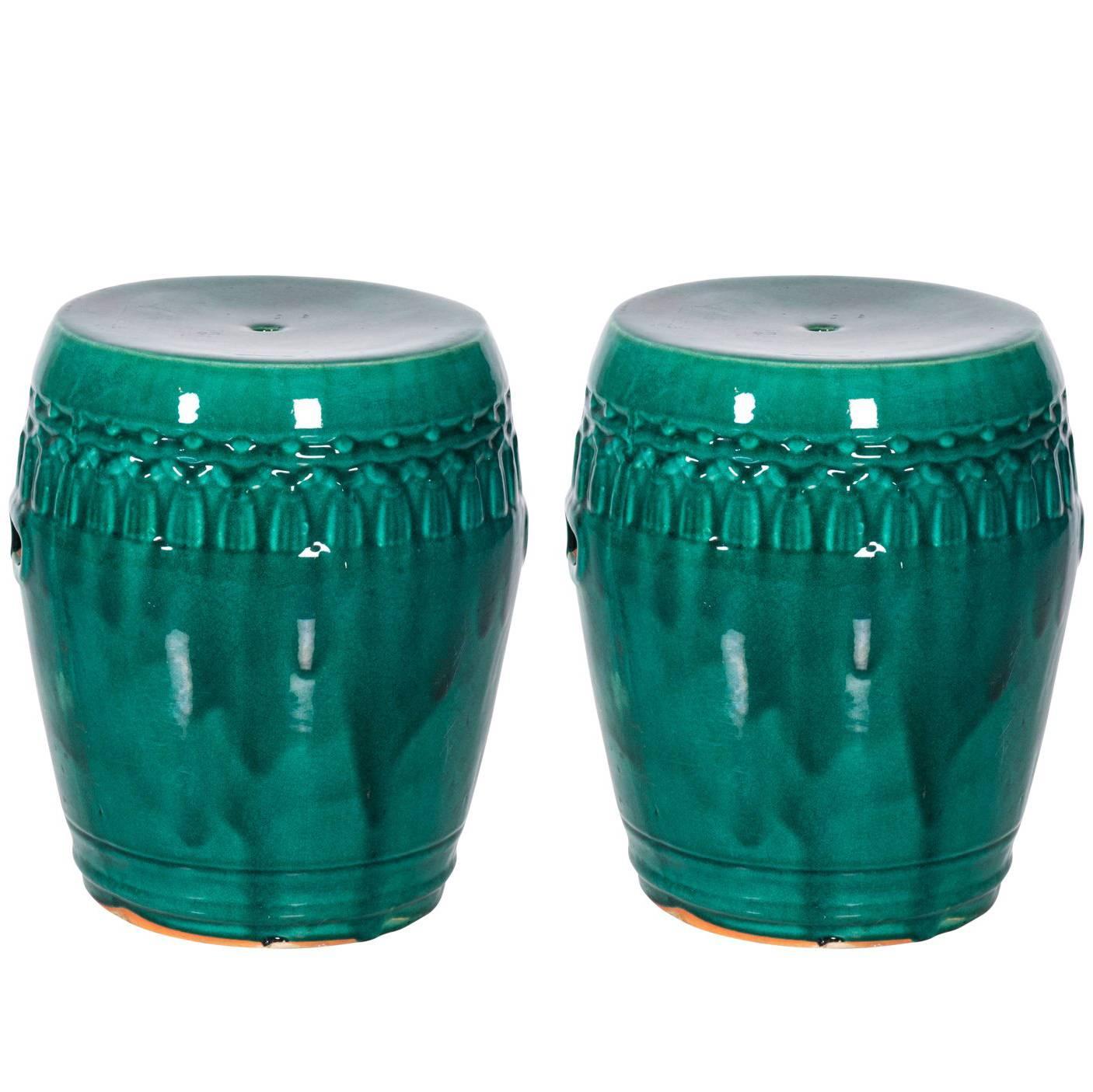 Pair of Ceramic Turquoise Green Garden Seats For Sale