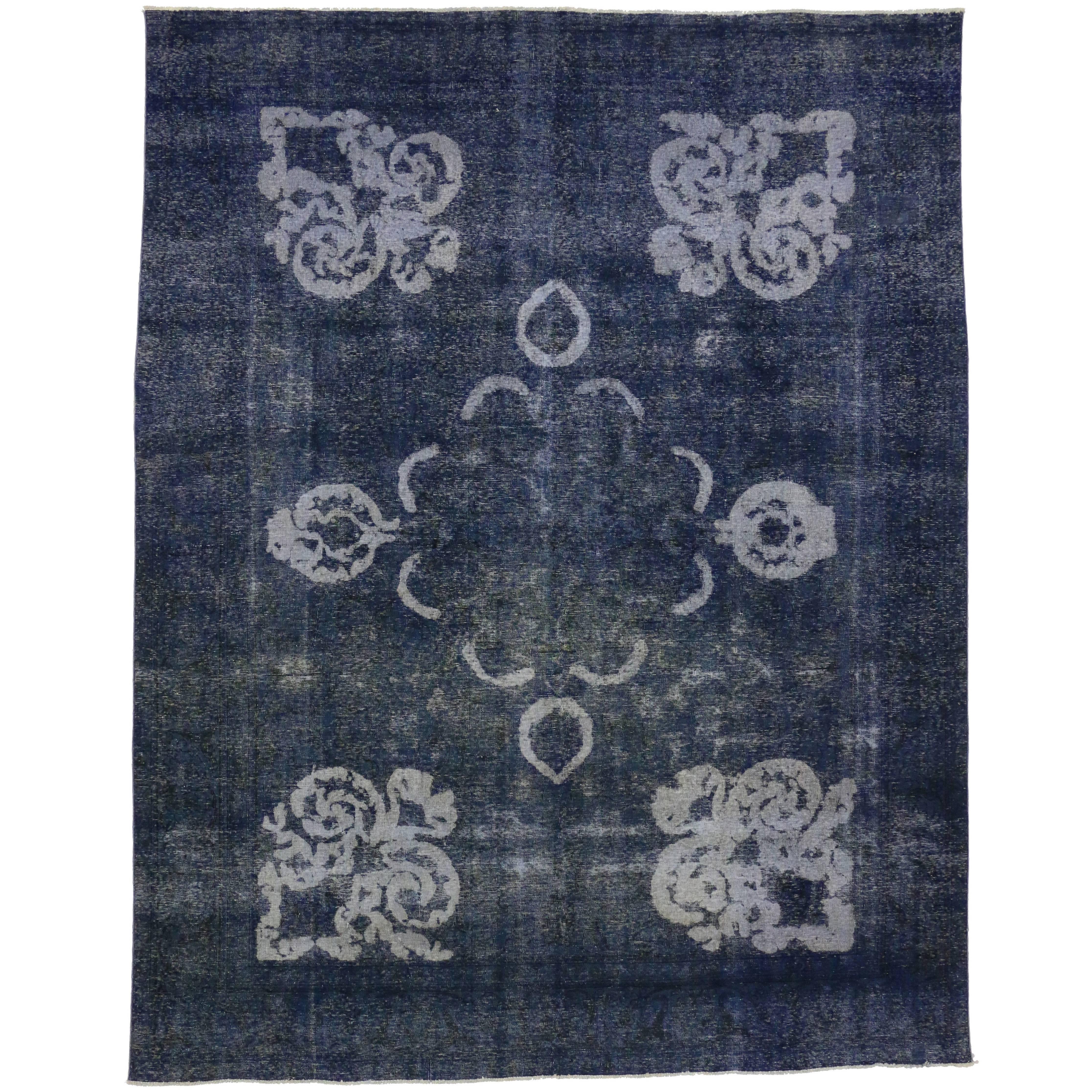 Distressed Overdyed Blue Vintage Persian Rug with Modern Industrial Style