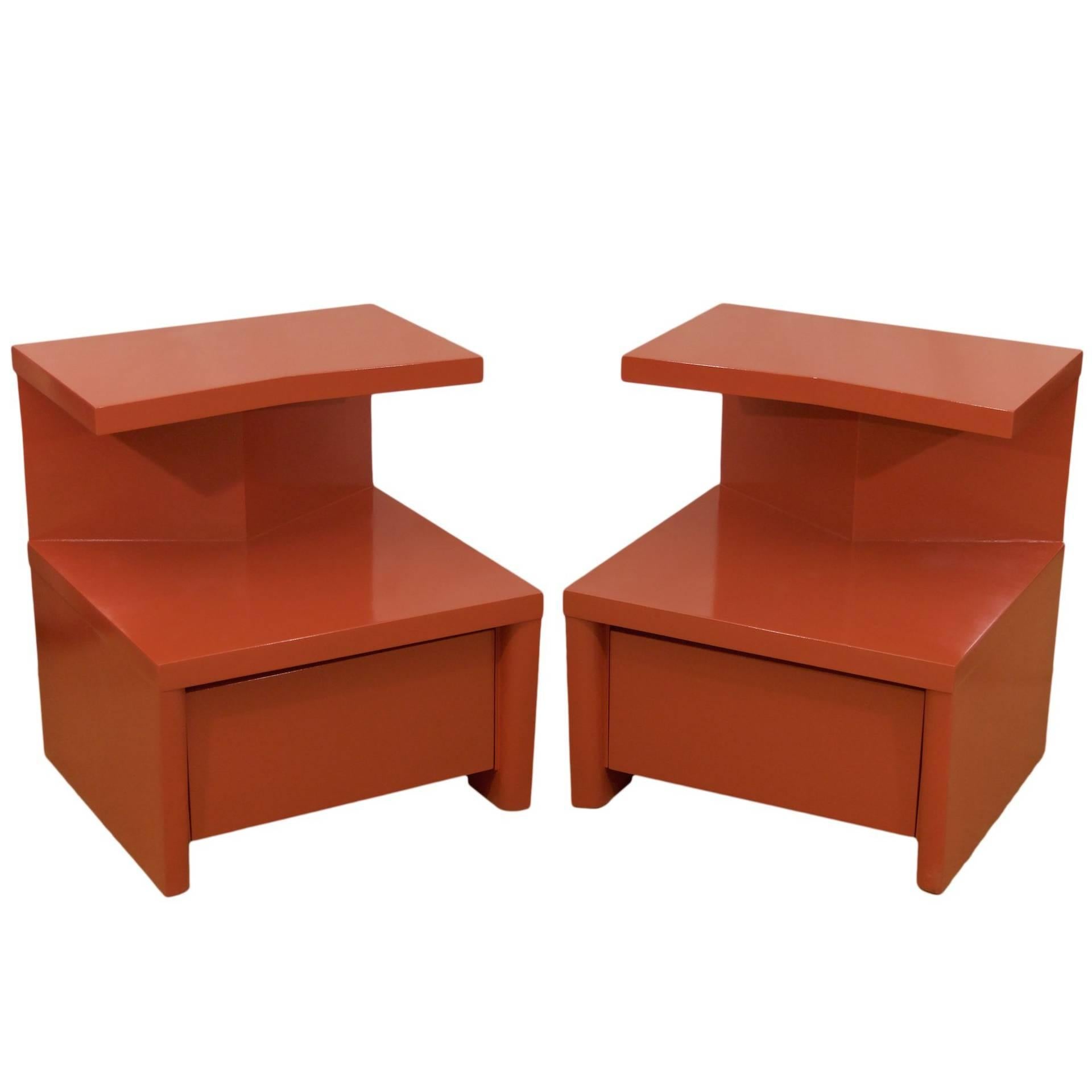Pair of Cantilevered Red Lacquer Nightstands