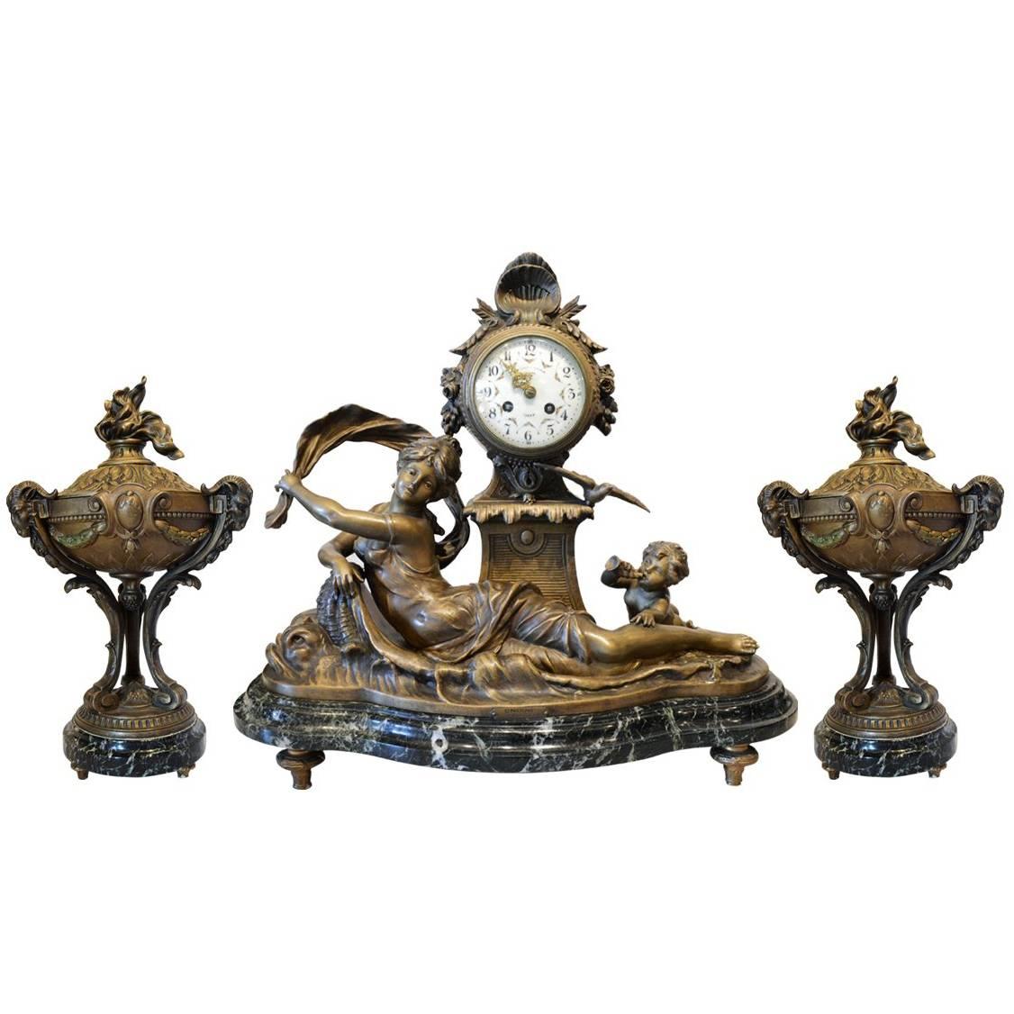 Antique Three-Piece Clock and Urn French Louis XVI Signed Garniture